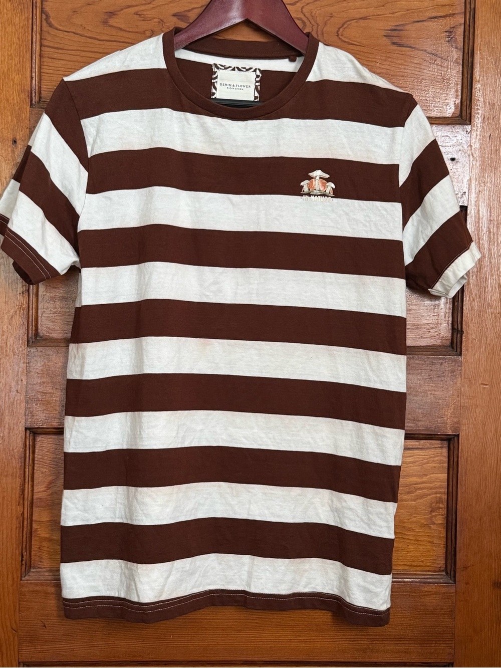 Denim & Flower Women’s Striped Brown & Cream Mushroom T-Shirt Size Medium